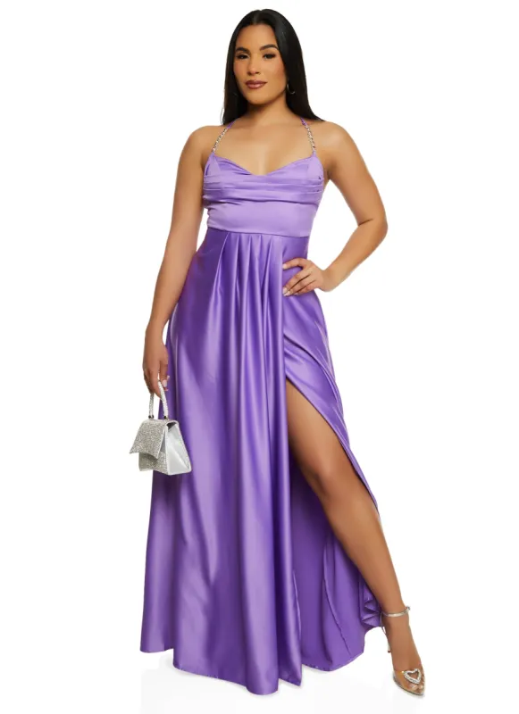 Haute Monde Rhinestone Strap Satin Maxi Dress sold by Rainbow
