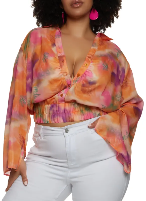 Plus Size Tie Dye Printed Elastic Waist Button Front Top sold by Rainbow