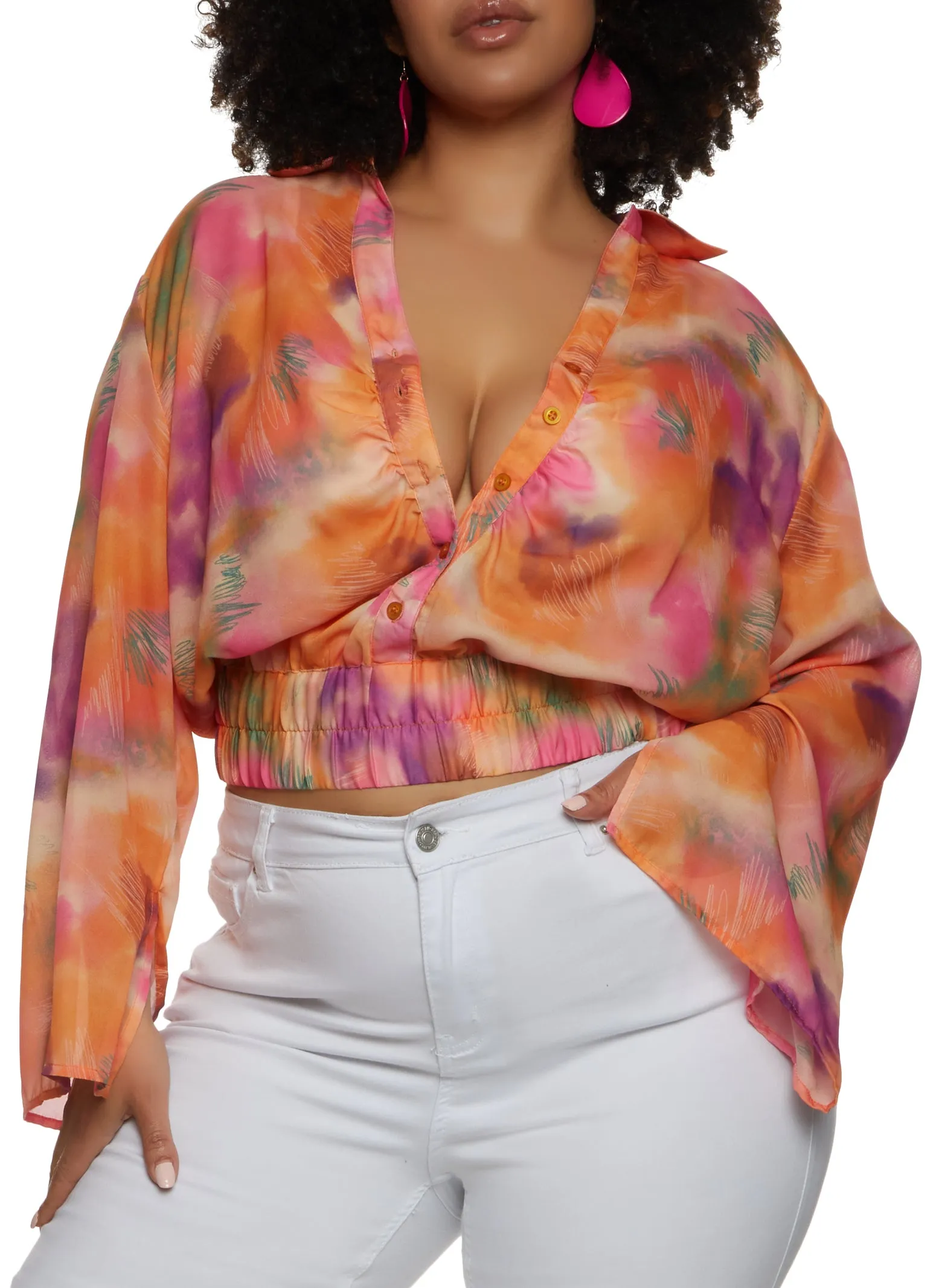 Plus Size Tie Dye Printed Elastic Waist Button Front Top sold by Rainbow