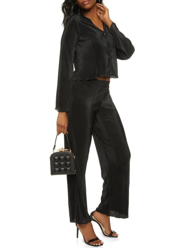 Plisse Button Front Shirt and Wide Leg Pant Set sold by Rainbow