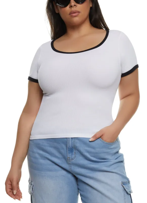 Plus Size Rib Knit Seamless Ringer Tee sold by Rainbow