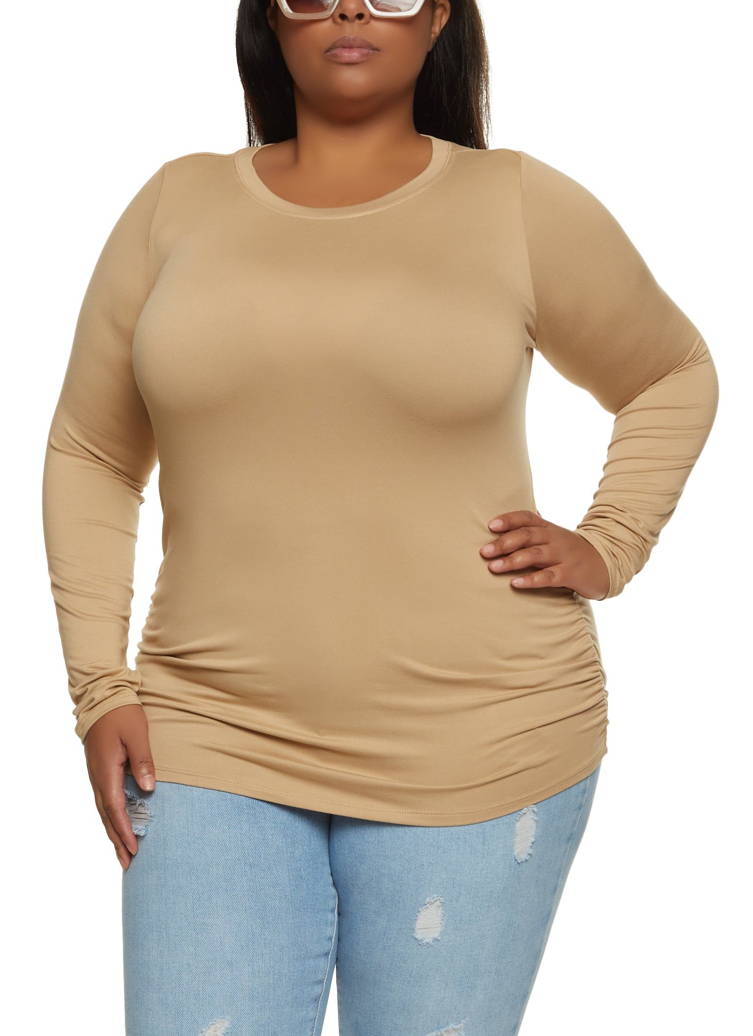 Plus Size Basic Ruched Crew Neck Top sold by Rainbow