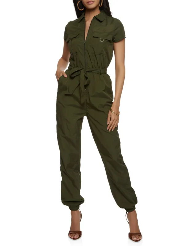 Zip Front Short Sleeve Belted Jumpsuit sold by Rainbow