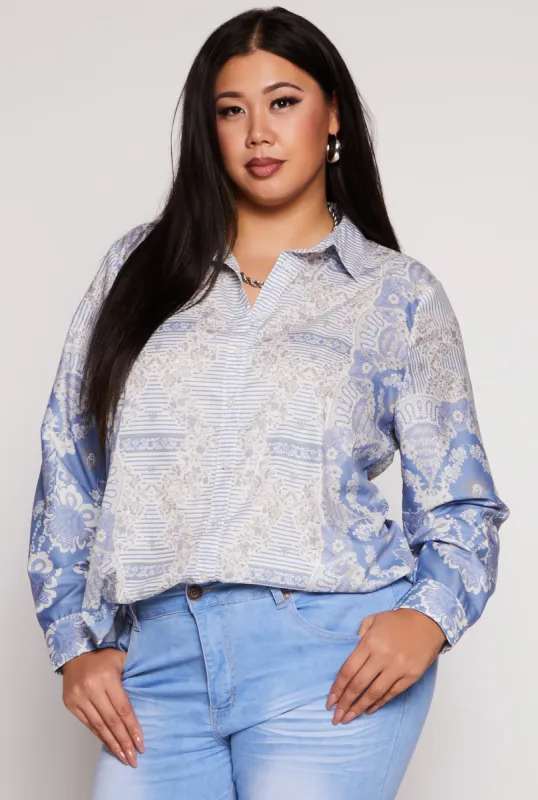 Plus Size Printed Long Sleeve Button Front Shirt sold by Rainbow