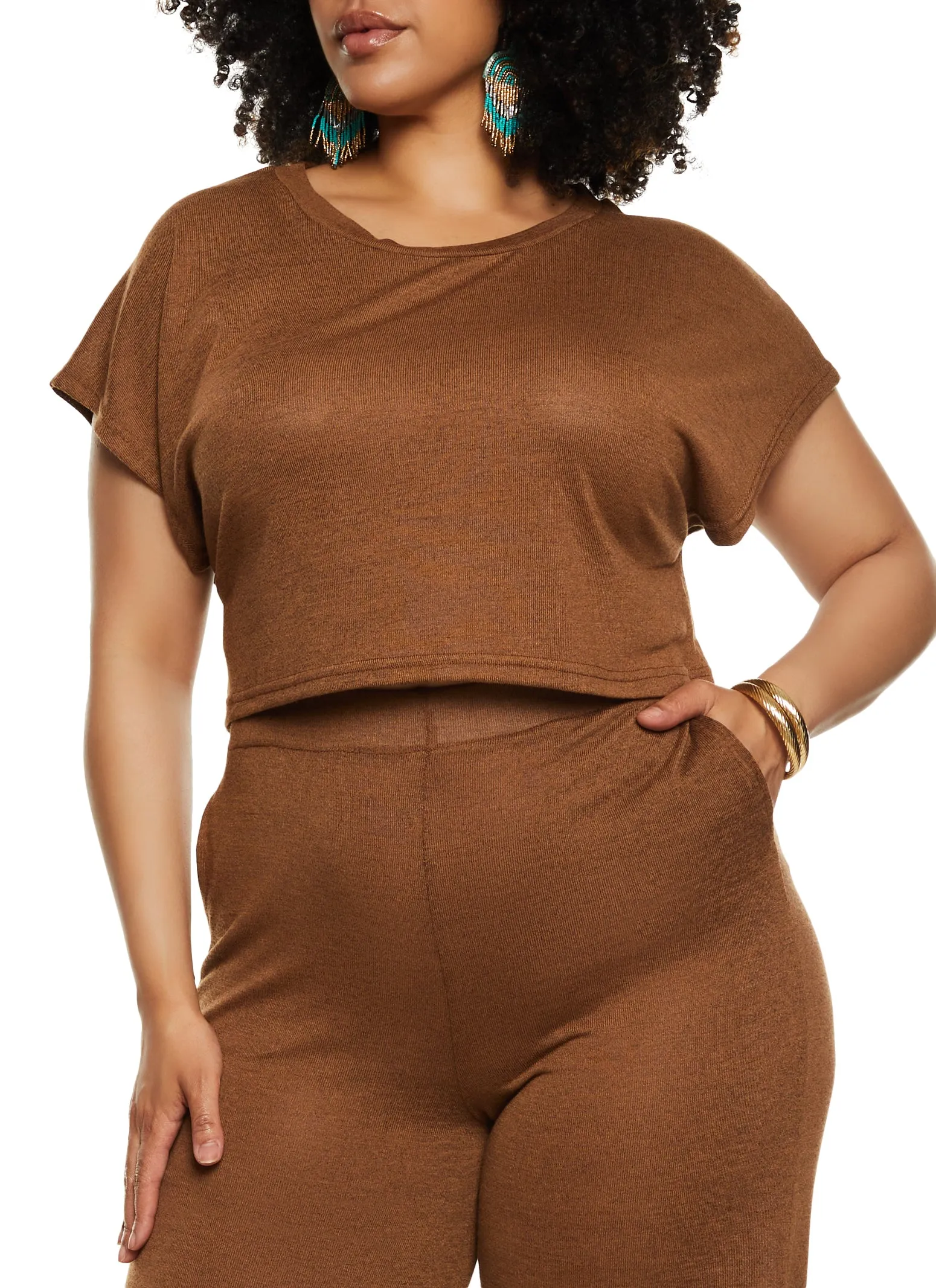 Plus Size Daisy Brushed Knit Crew Neck Crop Top sold by Rainbow