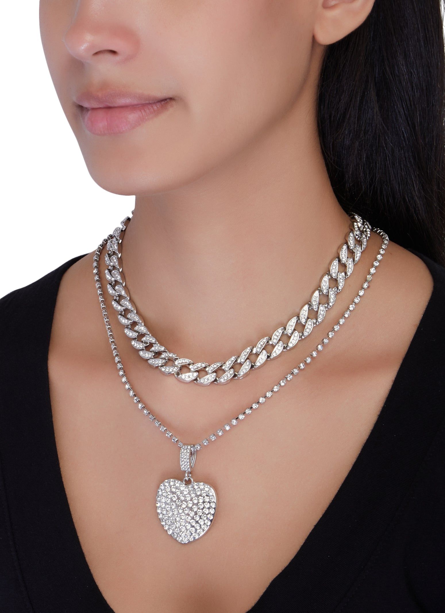 Cubic Zirconia Curb Chain Heart Necklace Set sold by Rainbow
