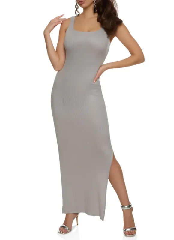Haute Monde Ribbed Scoop Neck Side Slit Maxi Tank Dress sold by Rainbow