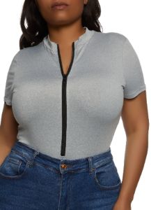 Plus Size Zip Front Mock Neck Bodysuit sold by Rainbow