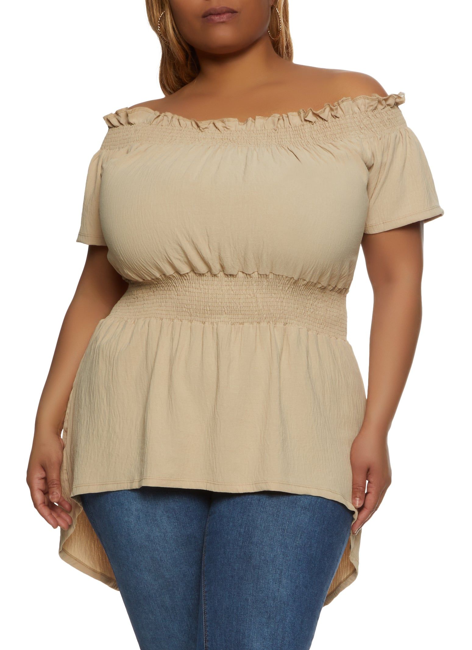 Plus Size Solid Smocked Off the Shoulder Blouse sold by Rainbow