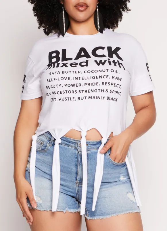 Plus Size Black Mixed With Graphic Knot Fringe Tee sold by Rainbow