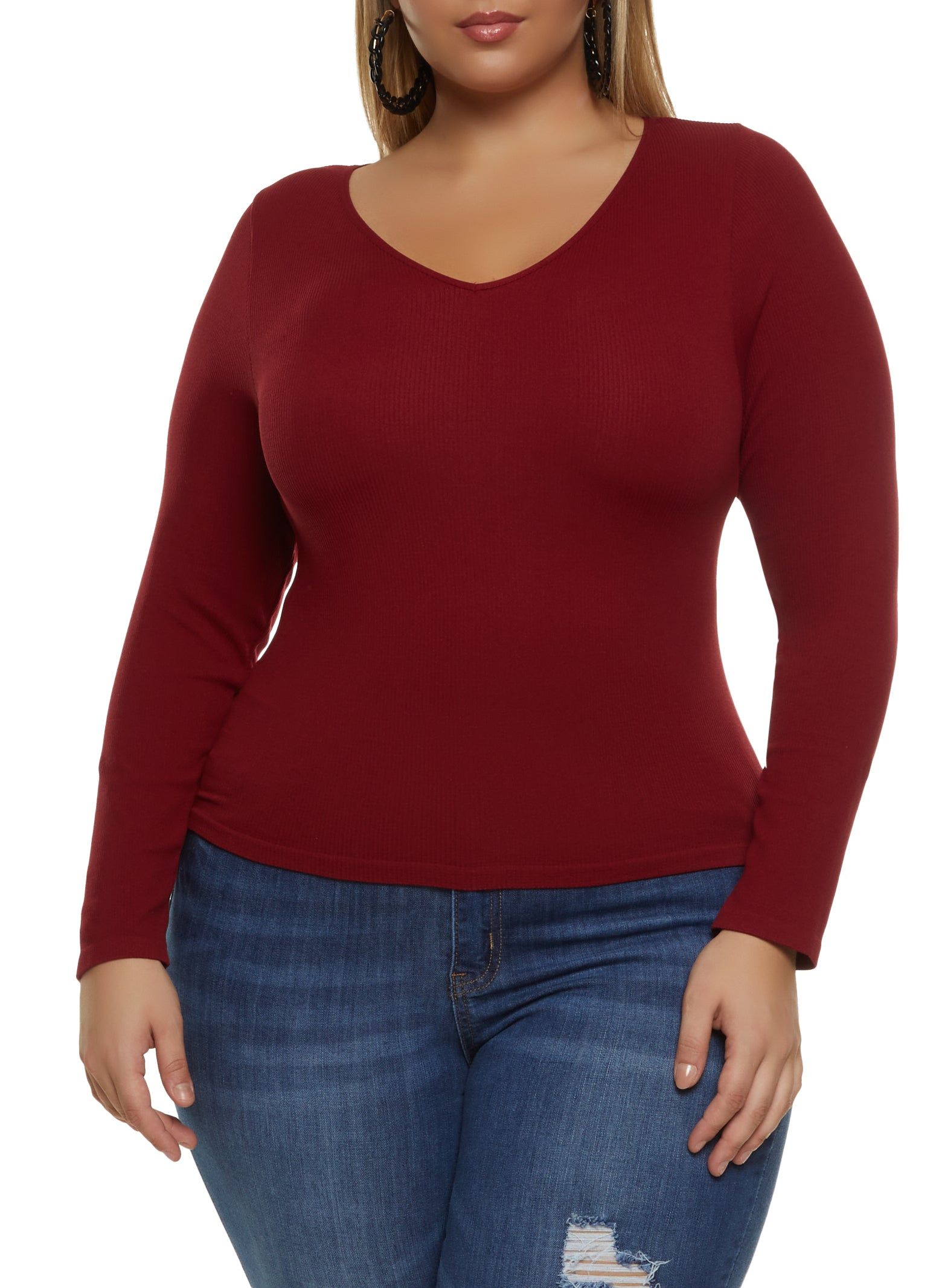 Plus Size Seamless Long Sleeve V Neck Tee sold by Rainbow