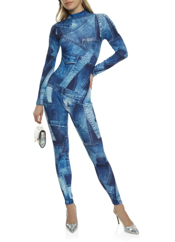 Patchwork Print Mock Neck Jumpsuit sold by Rainbow