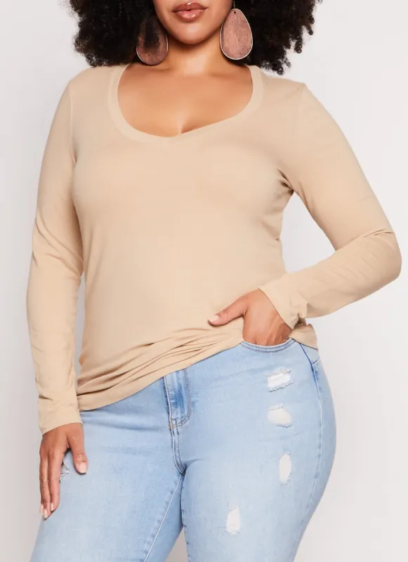 Plus Size Basic Long Sleeve V Neck Tee sold by Rainbow