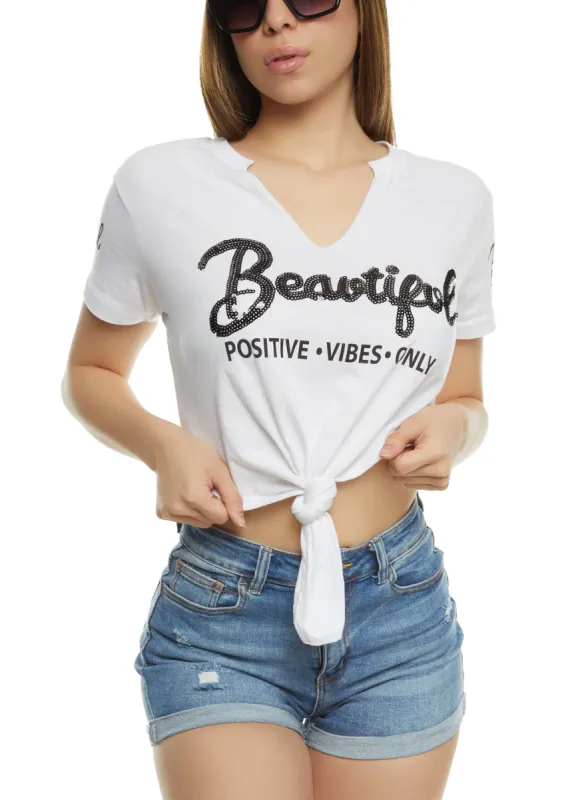Beautiful Positive Vibes Sequin Hanky Hem Graphic Tee sold by Rainbow
