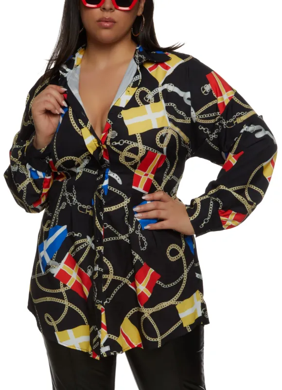 Plus Size Status Print Button Front Pleated Shirt sold by Rainbow