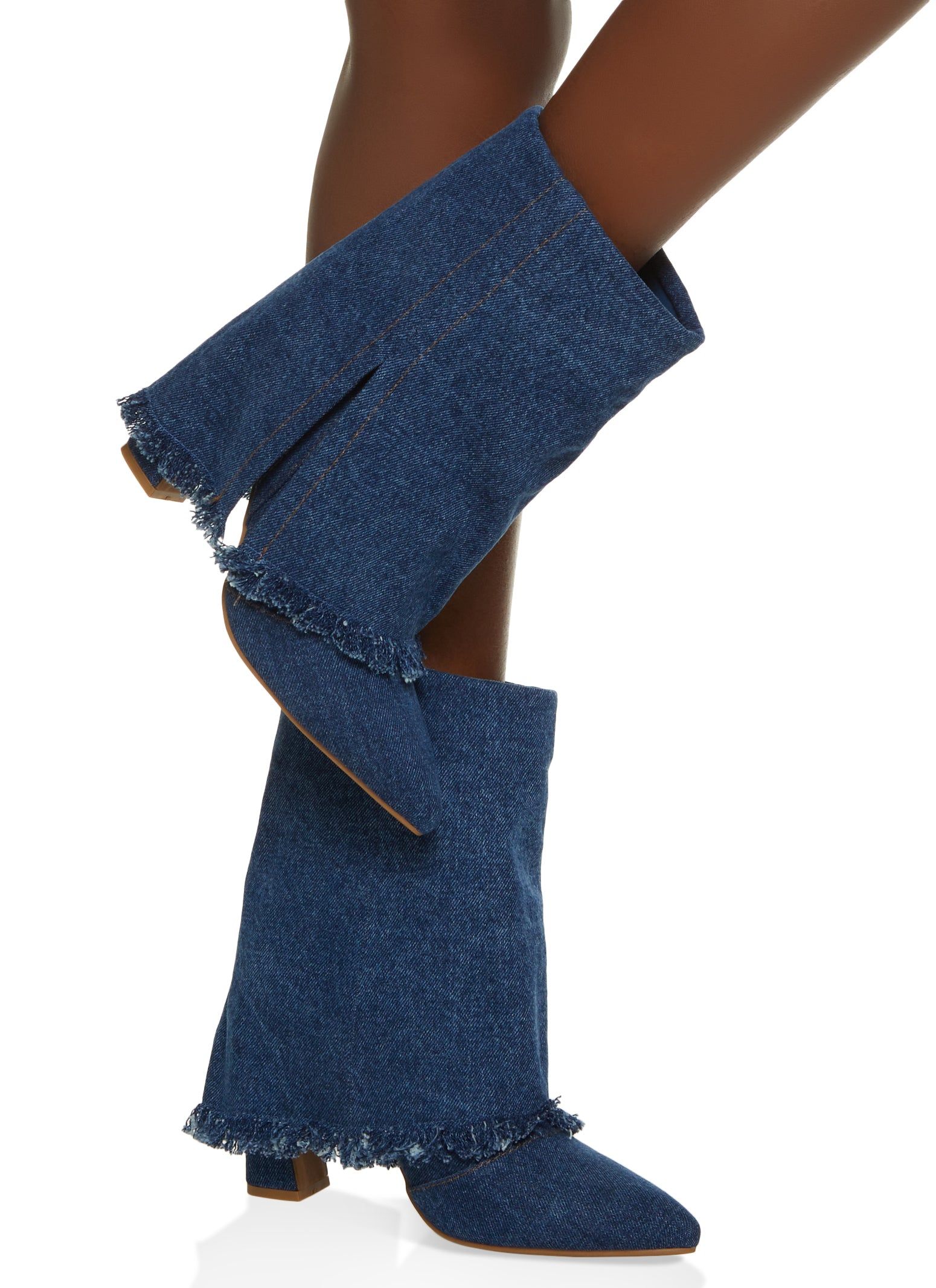Frayed Denim Mid Calf Fold Over Boots sold by Rainbow