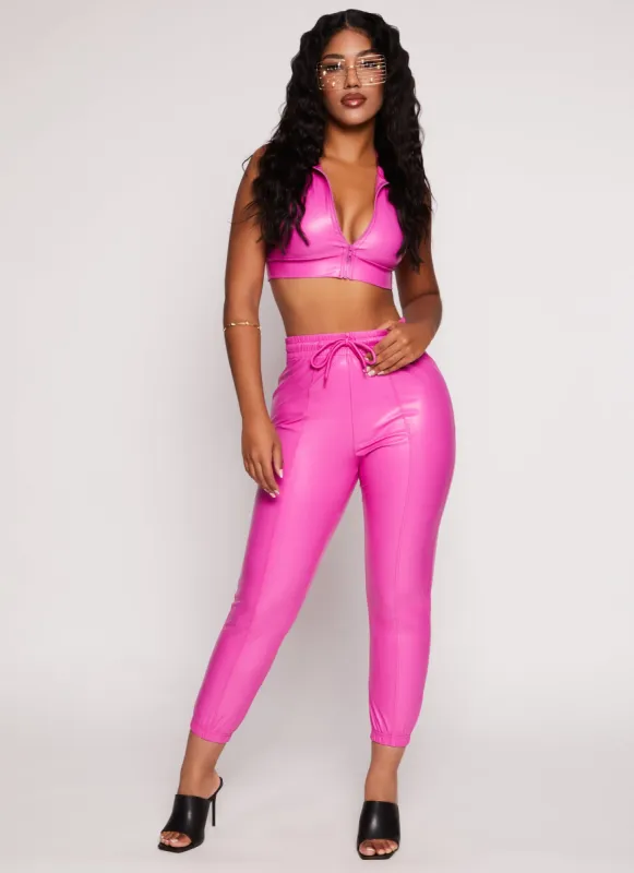 Faux Leather High Waist Drawstring Joggers sold by Rainbow