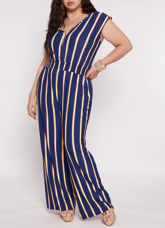 Plus Size Striped Half Zip Jumpsuit sold by Rainbow