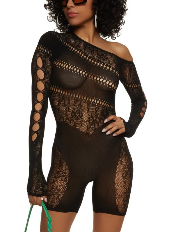 One Shoulder Cut Out Lace Romper made by Rainbow