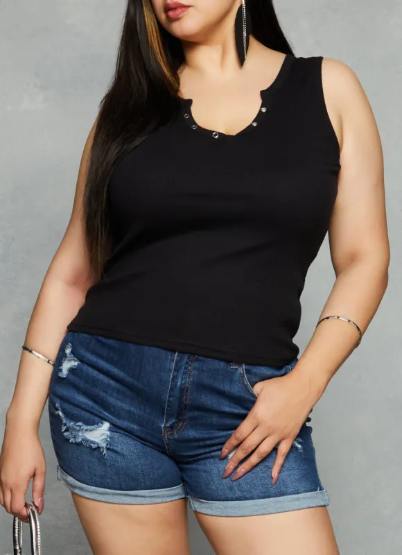 Plus Size Snap Button Notch Neck Tank Top sold by Rainbow