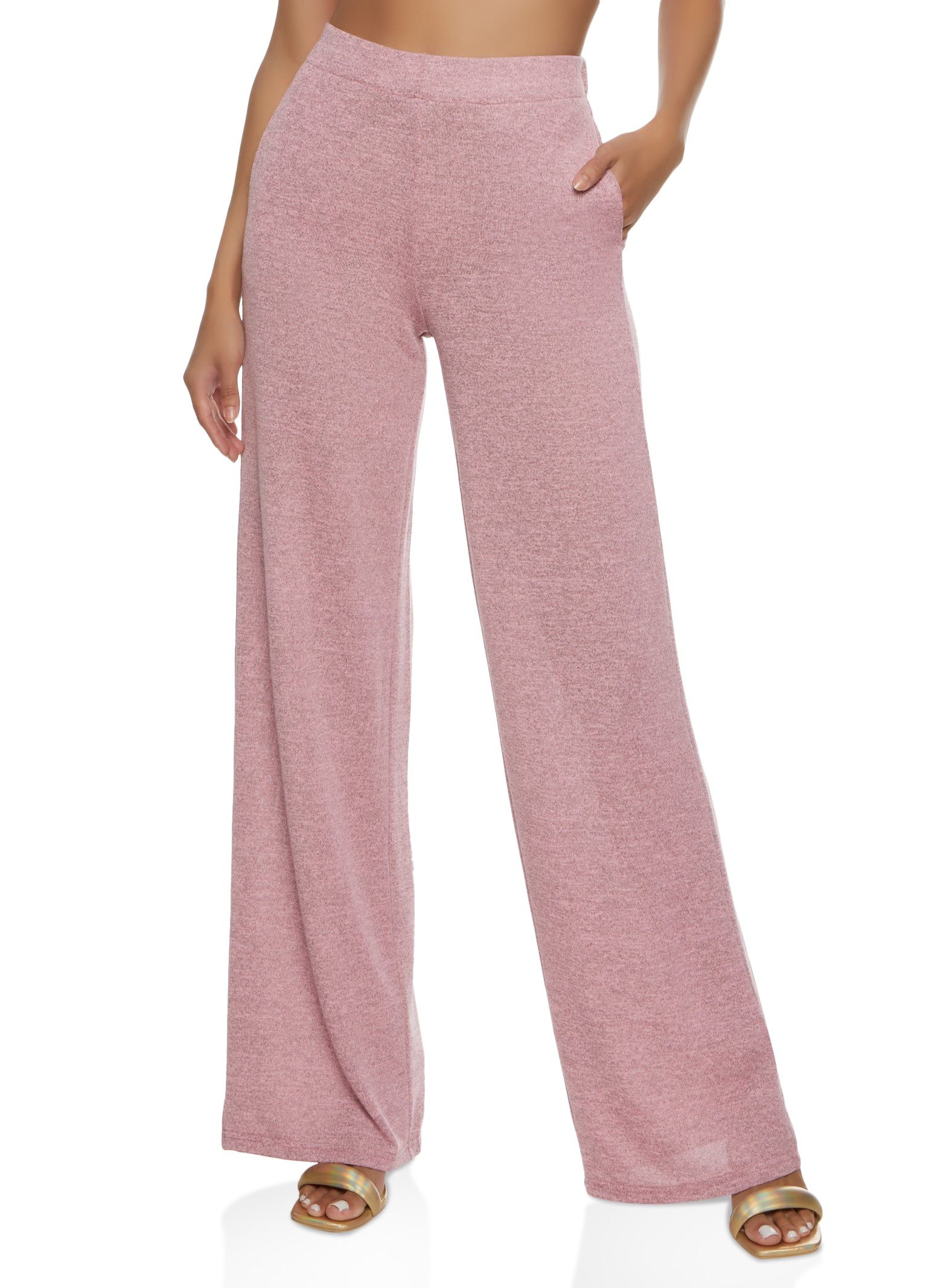 Solid Brushed Knit High Waisted Wide Leg Pants sold by Rainbow