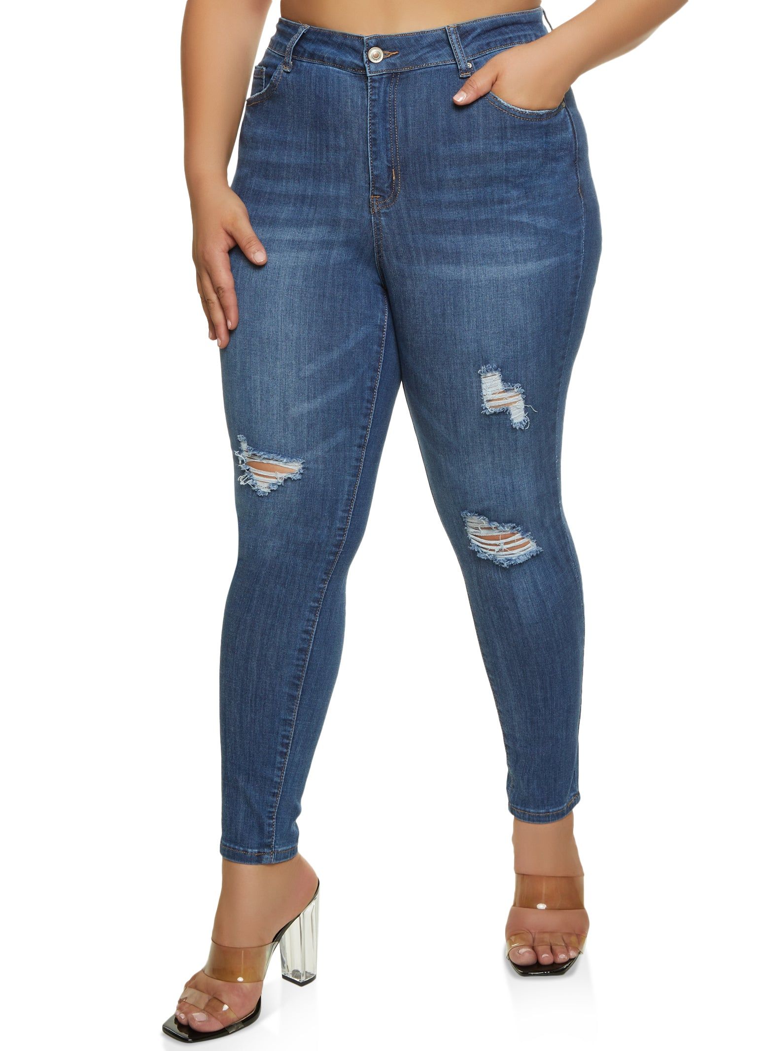 Plus Size WAX Distressed Whiskered High Waisted Skinny Jeans sold by Rainbow