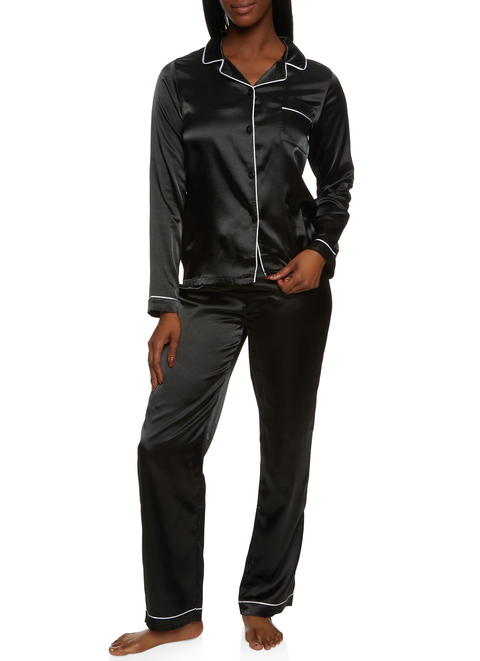 Satin Contrast Trim Pajama Shirt and Pants sold by Rainbow