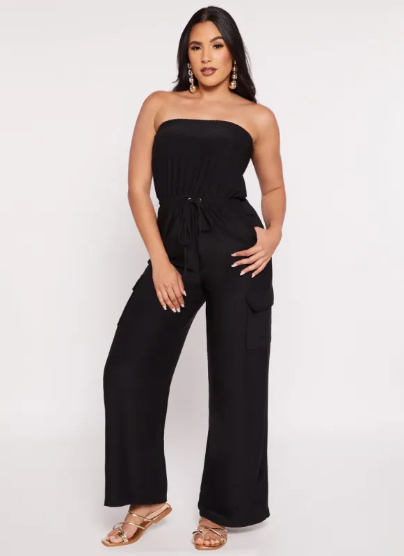 Haute Monde Strapless Drawstring Cargo Pocket Jumpsuit sold by Rainbow