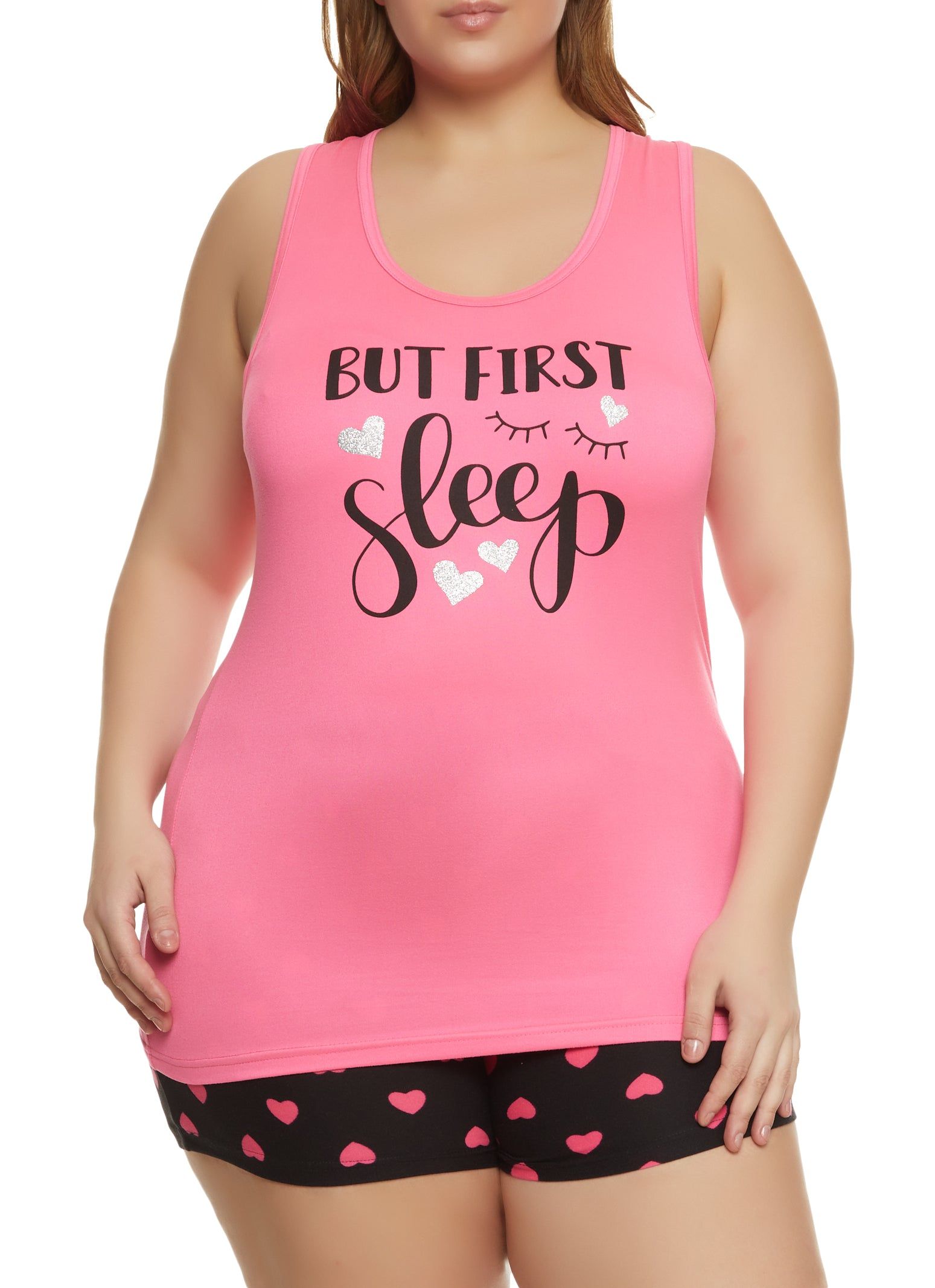 Plus Size But First Sleep Graphic Pajama Tank Top and Shorts sold by Rainbow