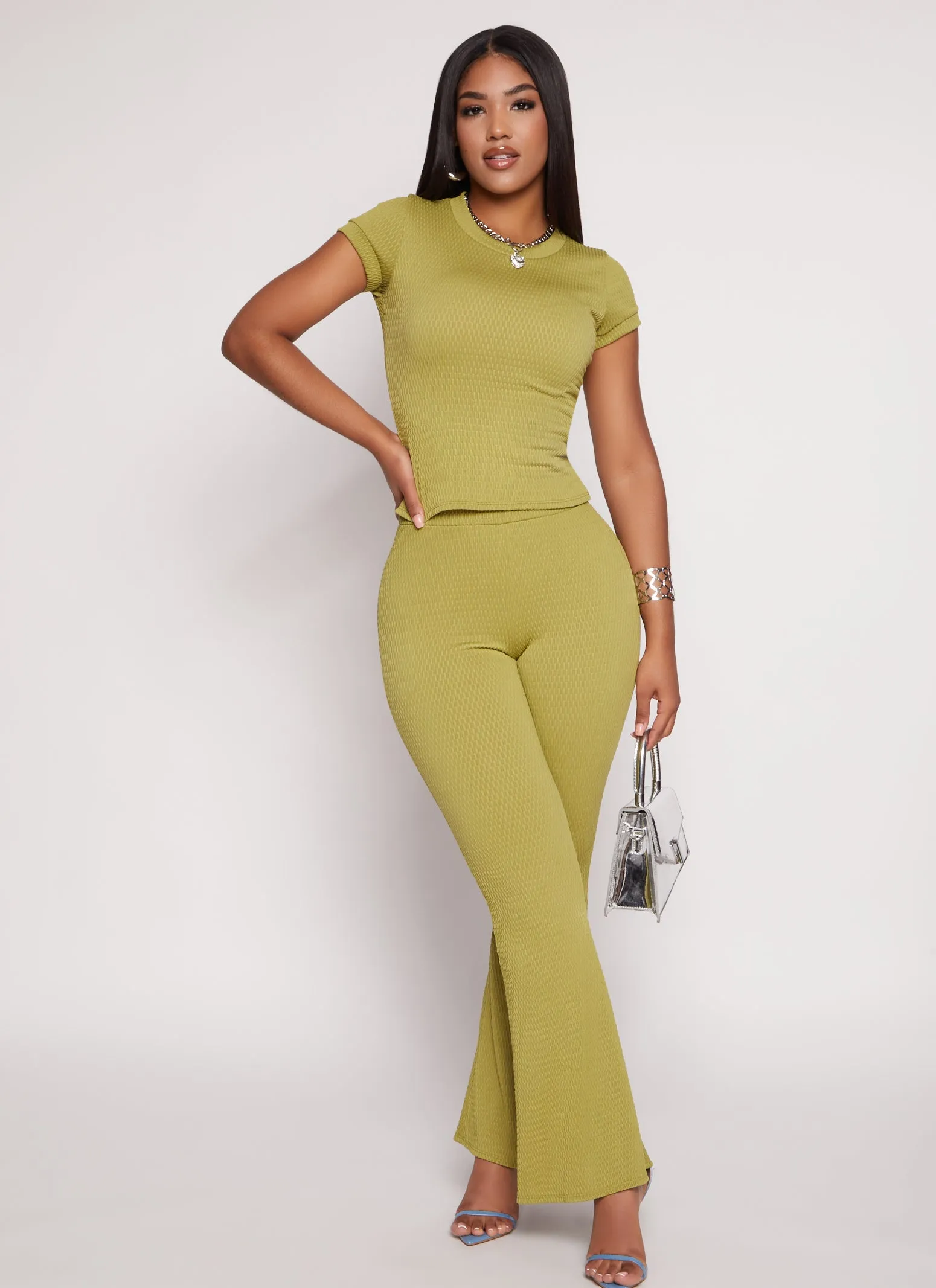 Textured Knit High Waisted Flare Pants sold by Rainbow