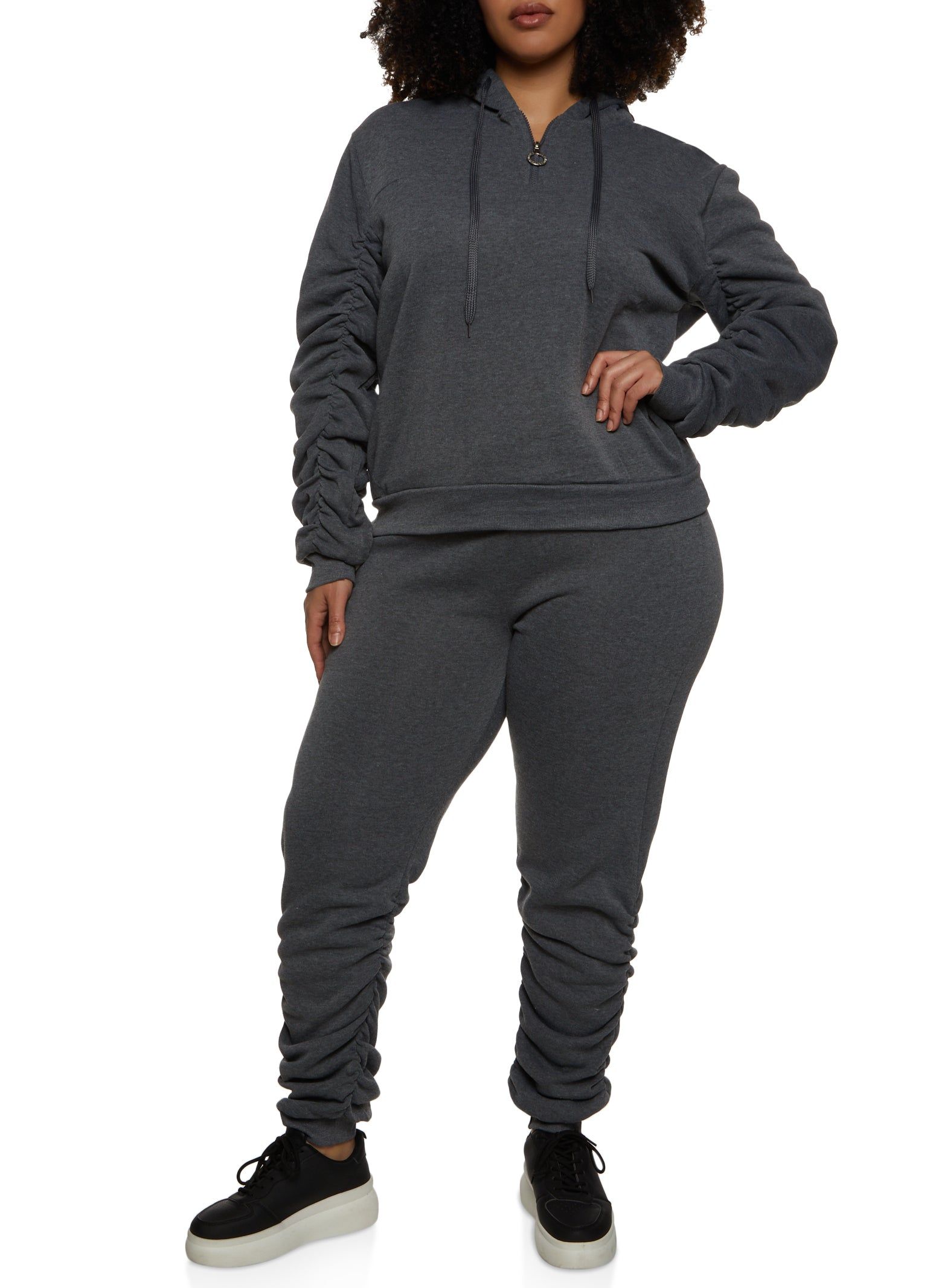 Plus Size Zip Neck Ruched Sleeve Hoodie sold by Rainbow product image thumbnail 2