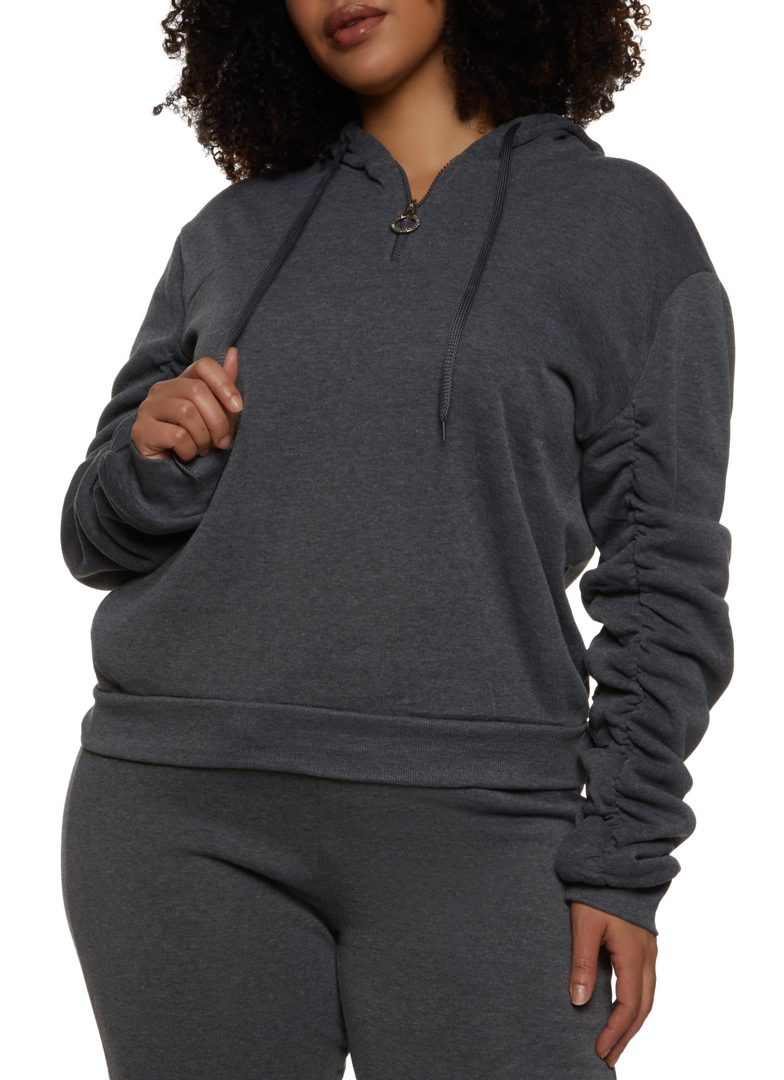 Plus Size Zip Neck Ruched Sleeve Hoodie sold by Rainbow