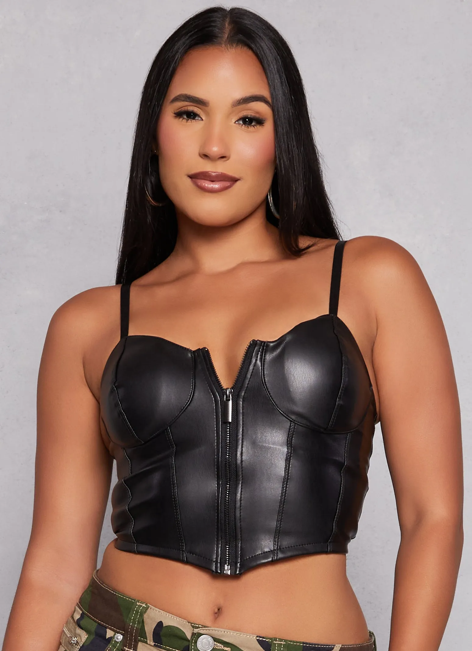 Almost Famous Faux Leather Zip Front Bustier Top sold by Rainbow