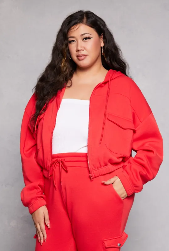 Plus Size Fleece Cargo Pocket Zip Front Hoodie sold by Rainbow