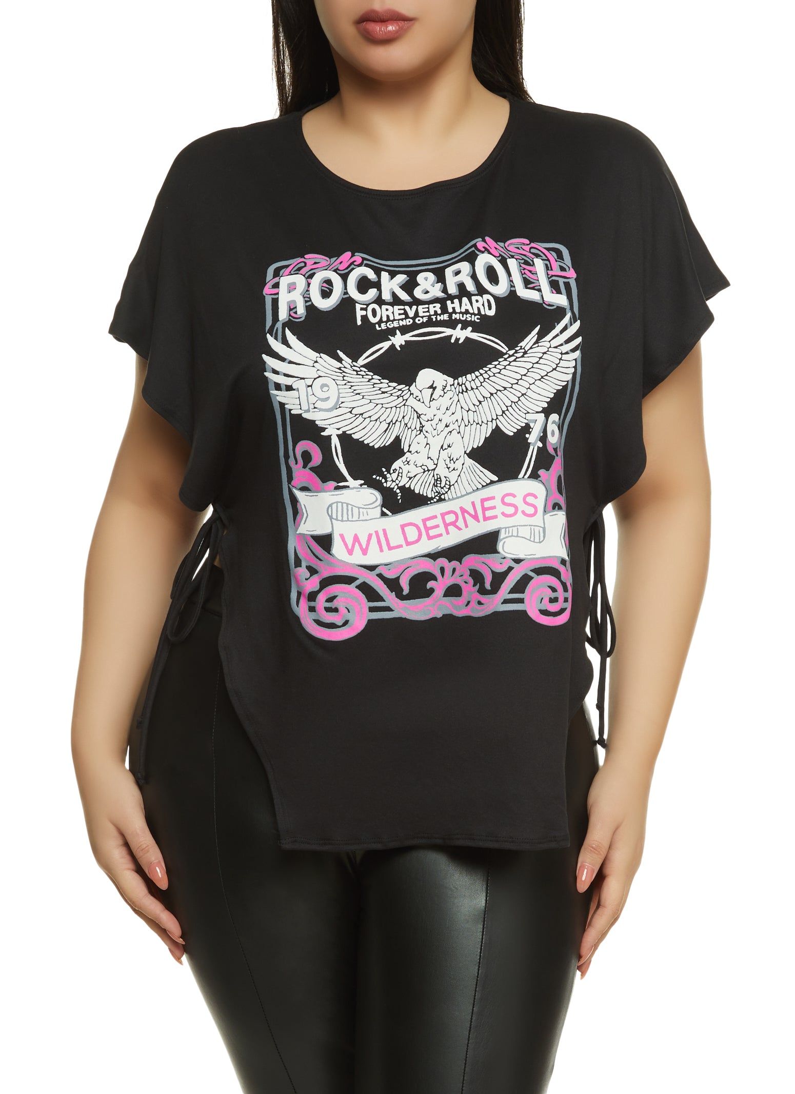 Plus Size Tie Side Rock and Roll Graphic Top sold by Rainbow