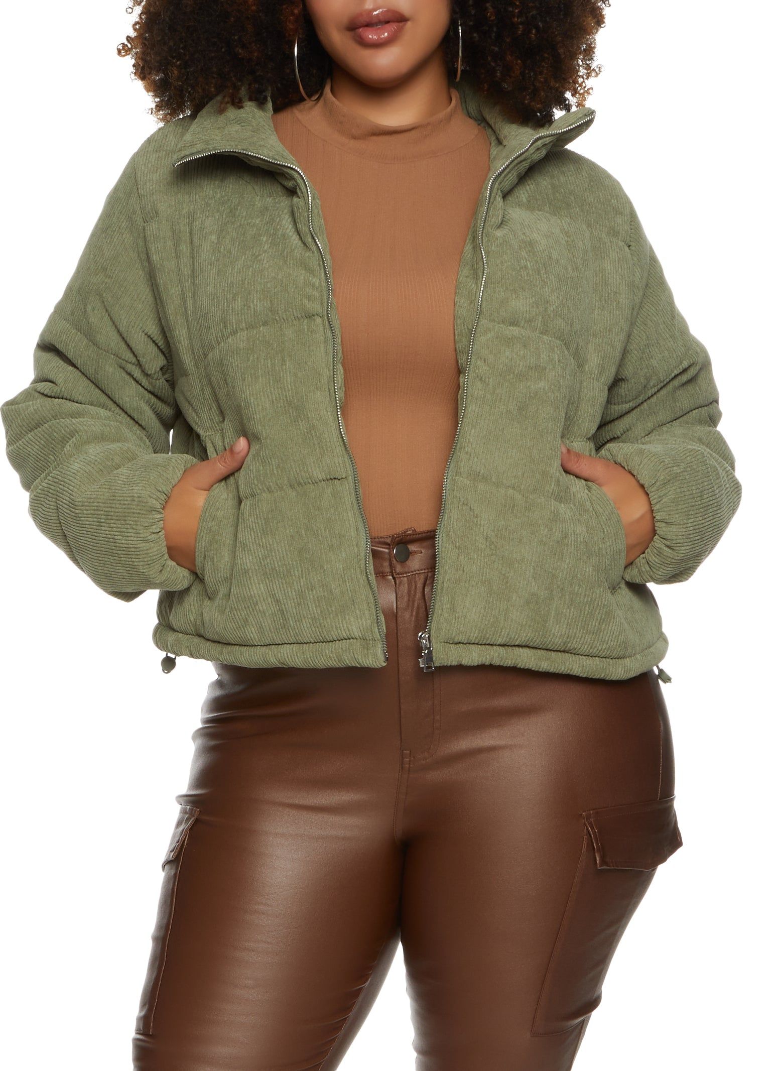 Plus Size Zip Front Corduroy Puffer Jacket sold by Rainbow