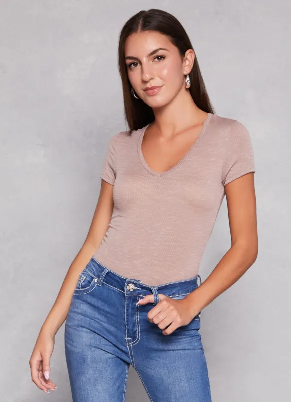 Basic Ribbed V Neck Short Sleeve Top sold by Rainbow