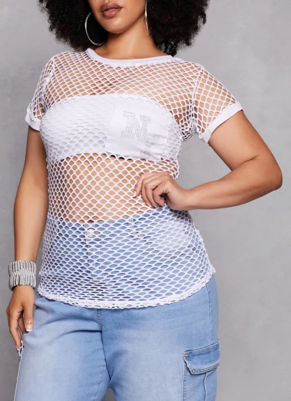 Plus Size Fishnet NY Rhinestone Graphic Tee sold by Rainbow