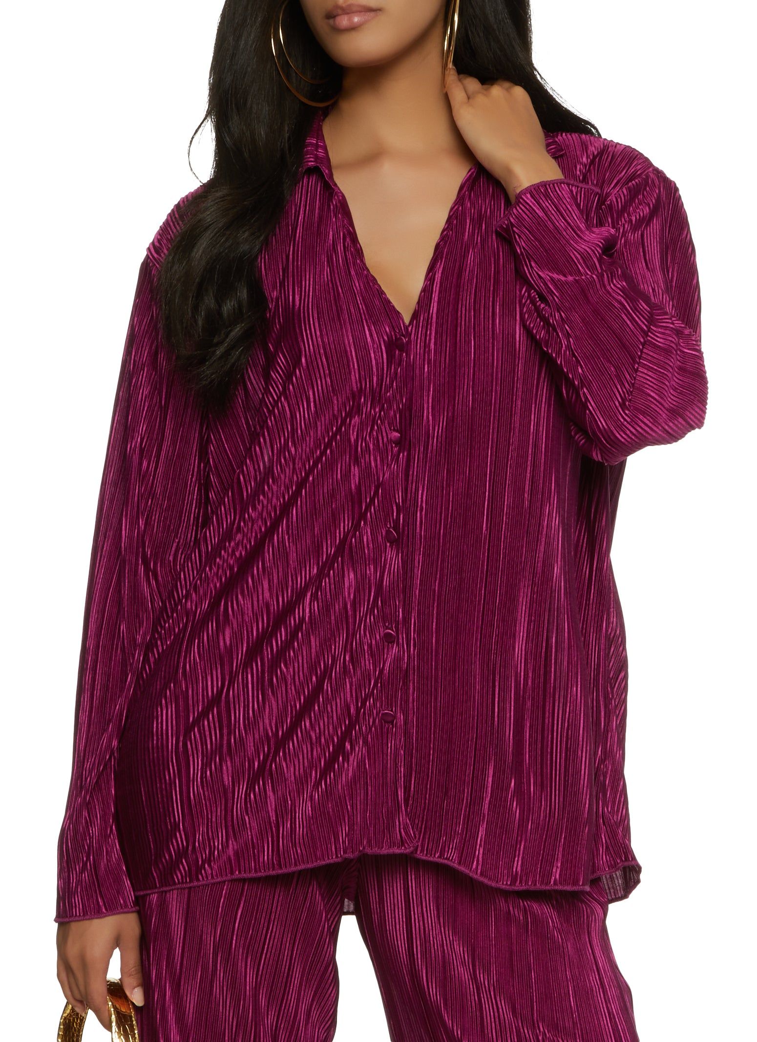 Plisse V Neck Button Front Top sold by Rainbow