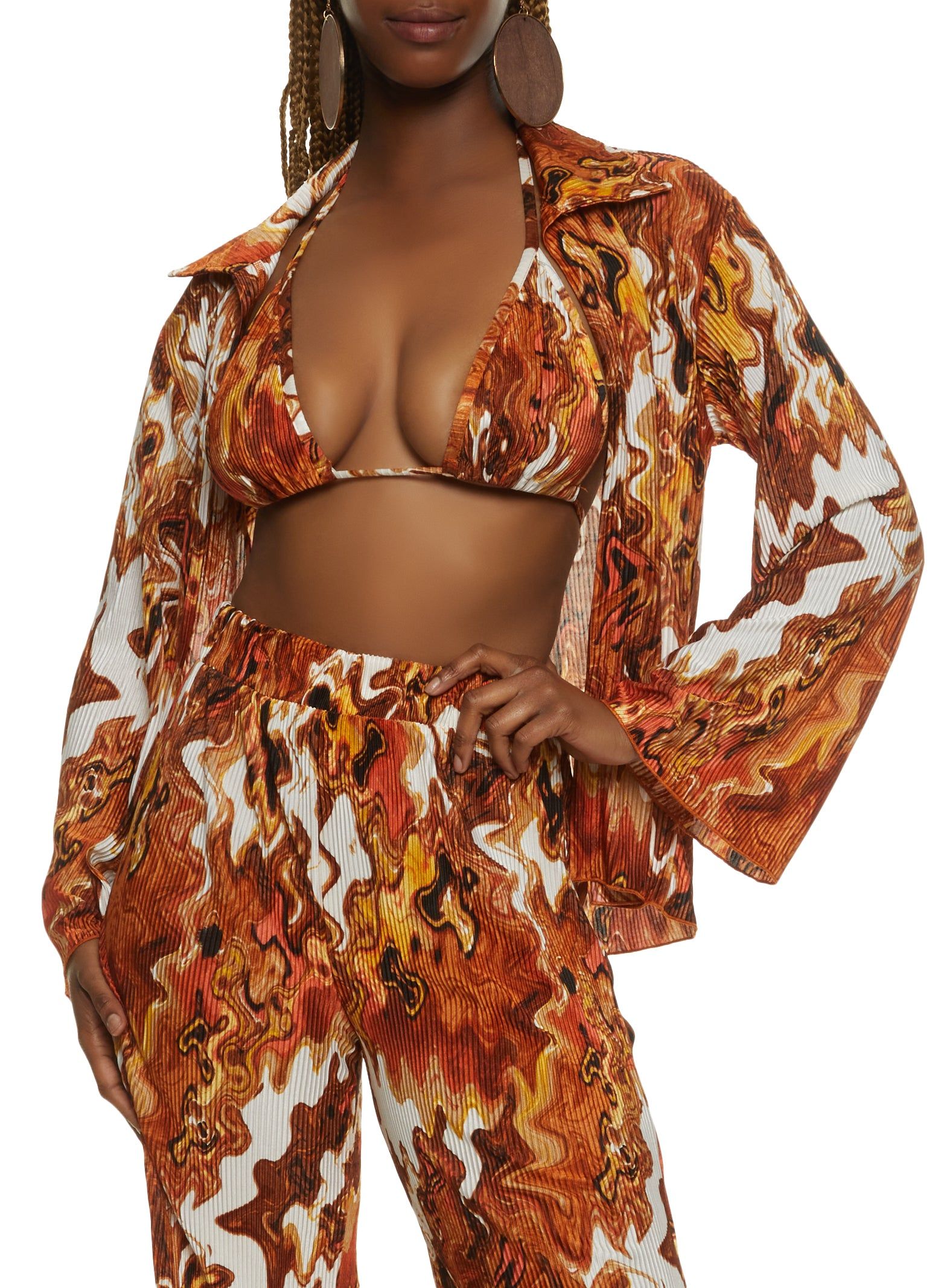 Patterned Plisse Open Front Shirt with Halter Top sold by Rainbow