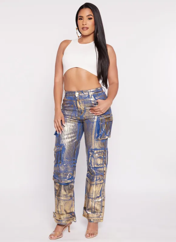 Daisy Foil Screen Wide Leg Cargo Jeans sold by Rainbow