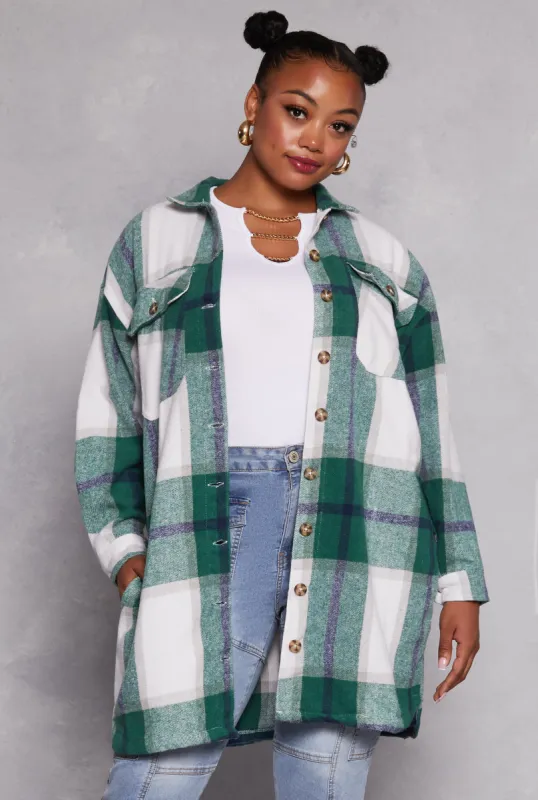 Plus Size Plaid Button Front Long Sleeve Shacket made by Rainbow