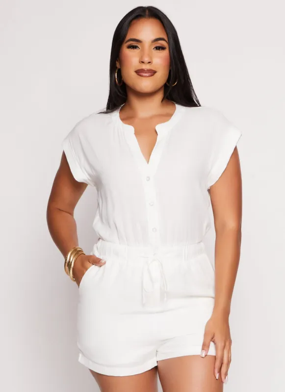 Cap Sleeve Button Front Drawstring Waist Romper sold by Rainbow