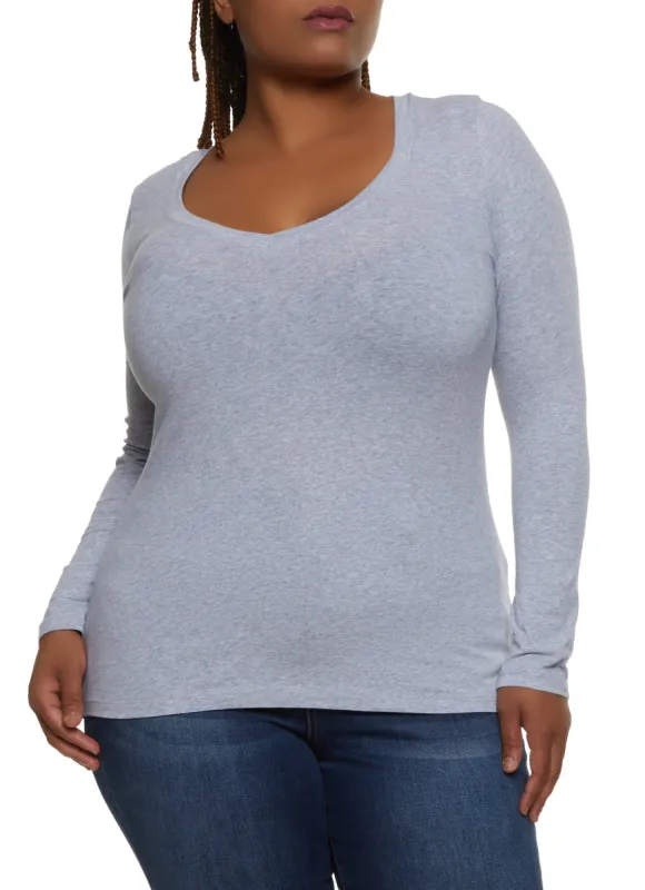 Plus Size Basic V Neck Long Sleeve Tee sold by Rainbow
