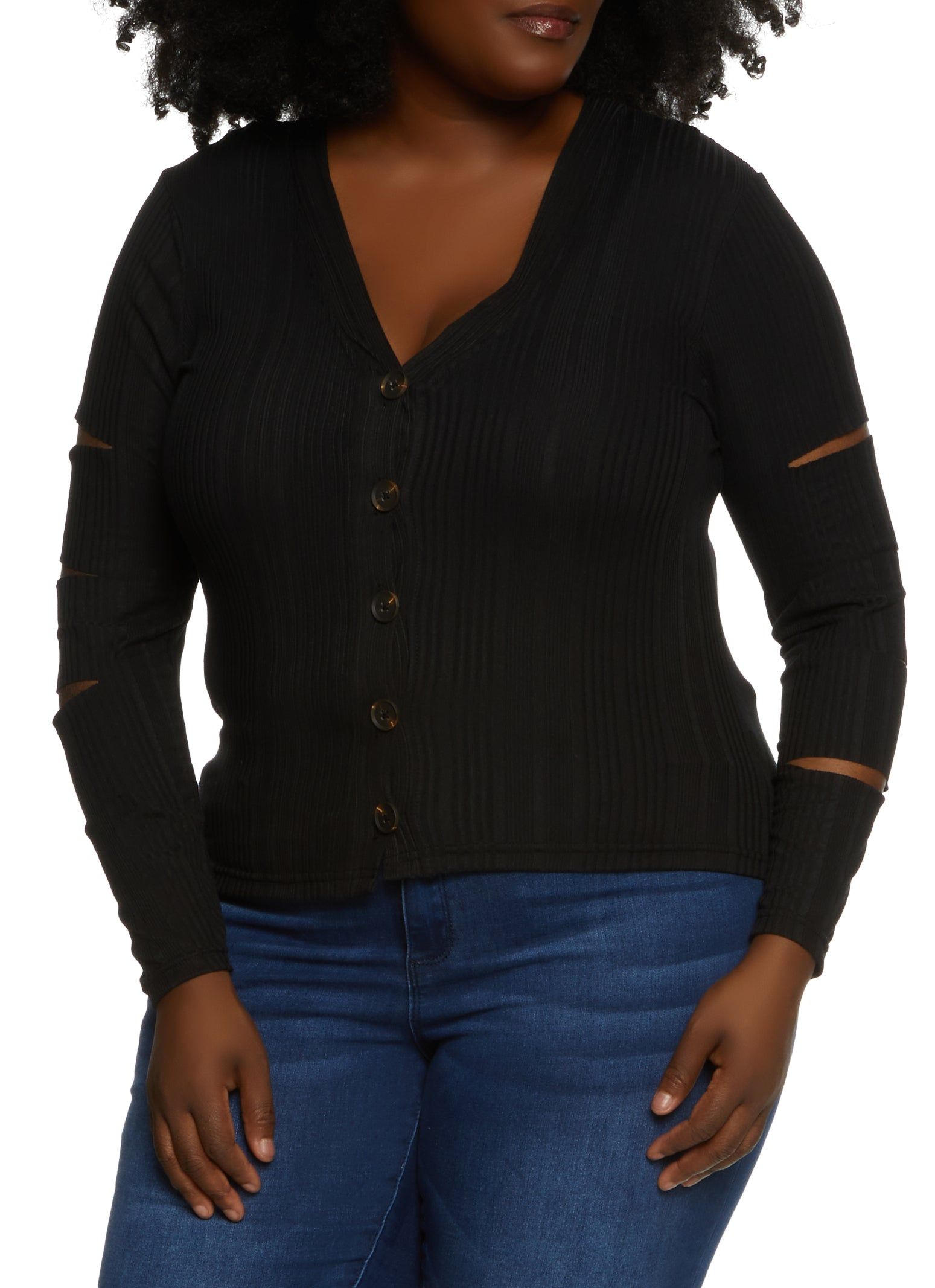 Plus Size Ribbed Laser Cut Button Front Top sold by Rainbow