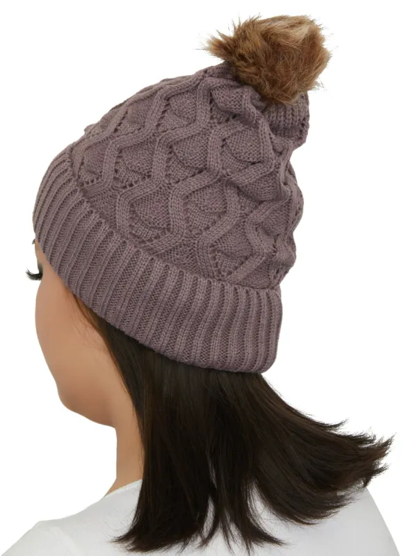 Textured Knit Faux Fur Lined Pom Pom Beanie sold by Rainbow