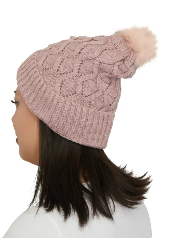 Textured Knit Faux Fur Lined Pom Pom Beanie sold by Rainbow