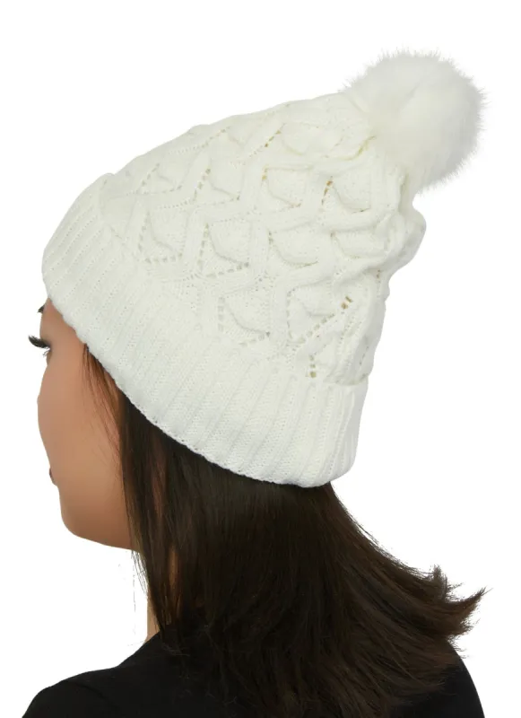 Textured Knit Faux Fur Lined Pom Pom Beanie sold by Rainbow