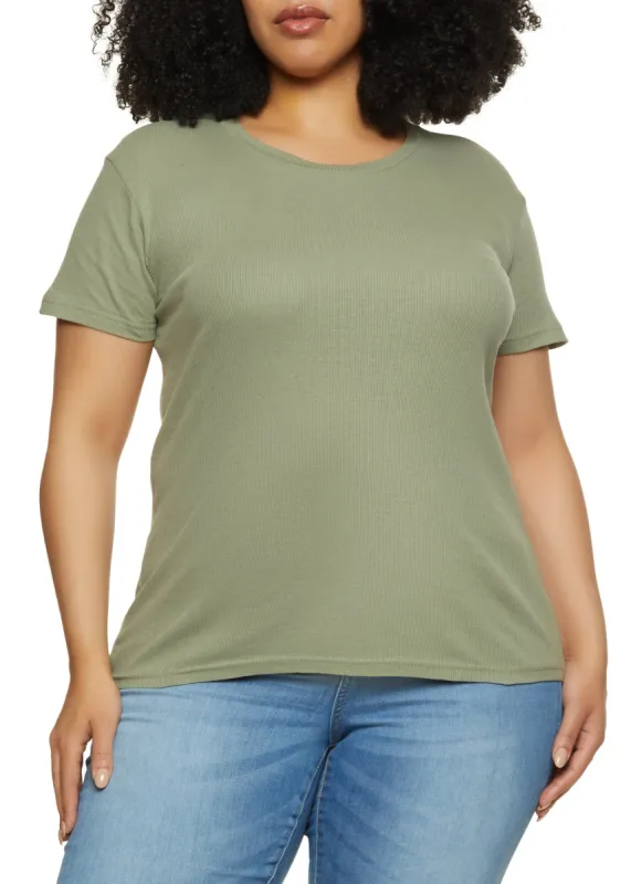 Plus Size Basic Rib Knit Crew Neck Tee sold by Rainbow