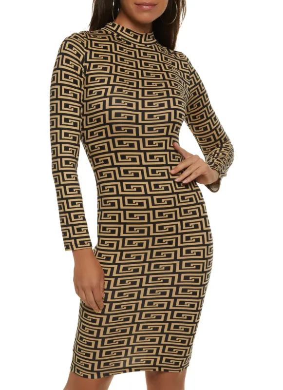 Maze Print Mock Neck Long Sleeve Midi Dress sold by Rainbow